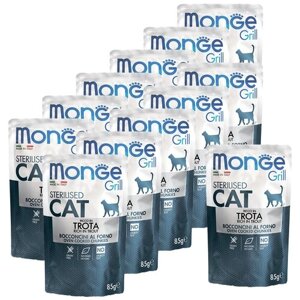 Влажный корм для стерилизованных кошек Monge Grill, беззерновой, с форелью 12 шт. х 85 г (кусочки в желе)