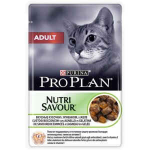 Влажный корм для взрослых кошек Pro Plan Nutri savour, с ягненком 12 шт. х 85 г (кусочки в желе)