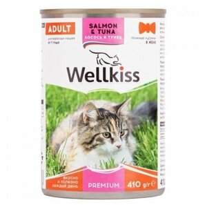Wellkiss Влажный корм консервы для кошек, нежные кусочки с лососем и тунцом в желе, 410 гр, 4 шт