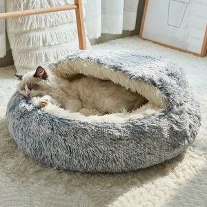 Закрытая лежанка домик для кошек L 65 см (внутри - МЕХ, цвет серый градиент) / лежанка сплюшка для сфинкса