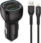 Автомобильное зарядное устройство Pero AC04 2 USB, 2.4 A AUTOMAX, c кабелем Lightning в комплекте, черное