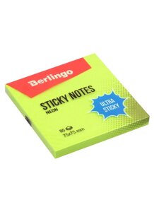 Блок бумаги 75*75 самоклеящийся зеленый неон 80л, "Ultra Sticky", Berlingo