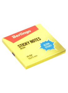 Блок бумаги 75*75 самоклеящийся желтый неон 80л, "Ultra Sticky", Berlingo