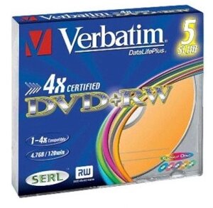 Диск DVD+RW verbatim 43297 4.7гб, 4x, 5шт., slim case, color, SERL
