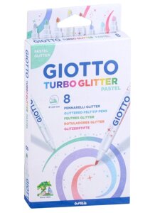 Фломастеры 08цв "GIOTTO TURBO GLITTER PASTEL" с блестящ. черн., европодвес, на водной основе, GIOTTO