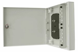 Кросс оптический настенный с дверцей, с замком TELCORD КН-16 16-ST/MM-16-ST/UPC-MM50(OM3)-1-КУ-GY 350х305х60 мм, 16 адаптеров ST/MM, 16 пигтейлов ST/U