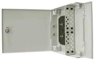 Кросс оптический настенный с дверцей, с замком TELCORD КН-32 32-LC/MM-d-64-LC/UPC-MM50-2-КУ-GY 350х330х75 мм, 32 адаптера LC/MM, 64 пигтейла LC/UPC MM