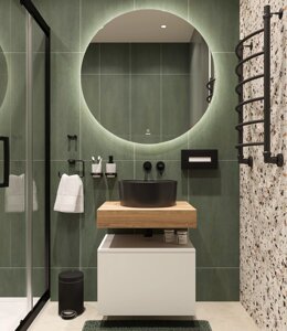 Мебель для ванной STWORKI Ольборг 60 столешница дуб французский, без отверстий, с тумбой 60, с раковиной BOCCHI Vessel черной