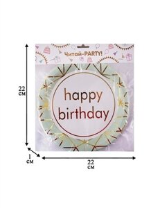 Набор бумажных тарелок Happy birthday на мятном фоне (22 см) (6 шт) (12-01582-E3)