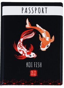 Обложка для паспорта Японские карпы Кои (черная) (ПВХ бокс)