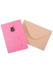 Открытка со значком Котик с подарком Поздравляю!15х11) (конверт) (картон, металл)