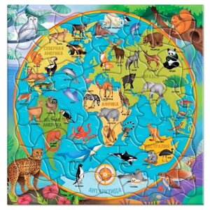 Пазл фигурный на подложке "Карта мира. Животные", 80 деталей