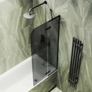 Шторка на ванну поворотная MaybahGlass 140х69 профиль черный, стекло графит матовый