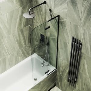 Шторка на ванну поворотная MaybahGlass 140х99 профиль черный, стекло прозрачное
