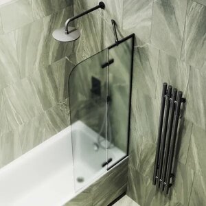 Шторка на ванну поворотная MaybahGlass 140х99 профиль черный, стекло сатин