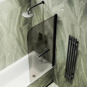 Шторка на ванну поворотная с полотенцедержателем MaybahGlass 140х40 профиль черный, стекло бронзовое матовое