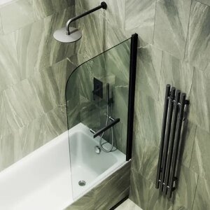 Шторка на ванну поворотная с полотенцедержателем MaybahGlass 140х40 профиль черный, стекло прозрачное