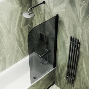 Шторка на ванну поворотная с полотенцедержателем MaybahGlass 140х50 профиль черный, стекло графит