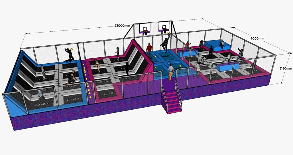 Батутная арена с баскетбольными кольцами (23х9х3.15м) от компании Robotic Retailers Развлекательное оборудование - фото 1