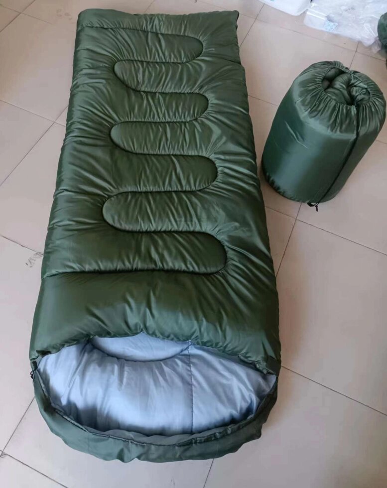 Спальный мешок туристический зеленый 220см*90см вес 3.0 кг с водоотталкивающей пропиткой, утеплитель 600гр/м2, минус 30С от компании Фармация Трейд - фото 1
