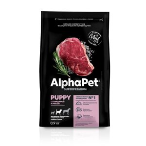 AlphaPet сухой полнорационный корм с говядиной и рисом для щенков, беременных и кормящих собак средних пород (2 кг)