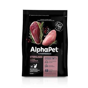 AlphaPet сухой полнорационный корм с уткой и индейкой для взрослых стерилизованных кошек и котов (400 г)