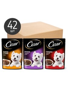 Cesar набор паучей для собак, три вкуса (паучи "желе" 14шт х 85г и паучи "ломтики в соусе" 28шт х 85г) (3,57 кг)