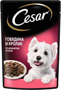 Cesar влажный корм для взрослых собак, с говядиной, кроликом и шпинатом в соусе (85 г)