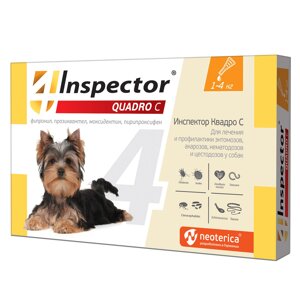 Inspector quadro капли на холку для собак весом 1-4 кг от клещей, насекомых, глистов (18 г)