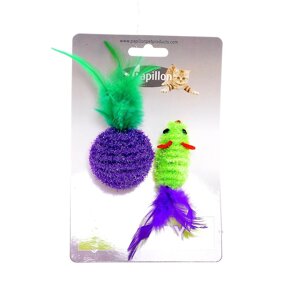 Papillon игрушка для кошек "Мышка и мячик с перьями" 5+4см, двухцветные (16 г)