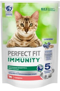 Perfect Fit сухой корм для поддержания иммунитета кошек, с говядиной и добавлением семян льна и голубики (1,1 кг)