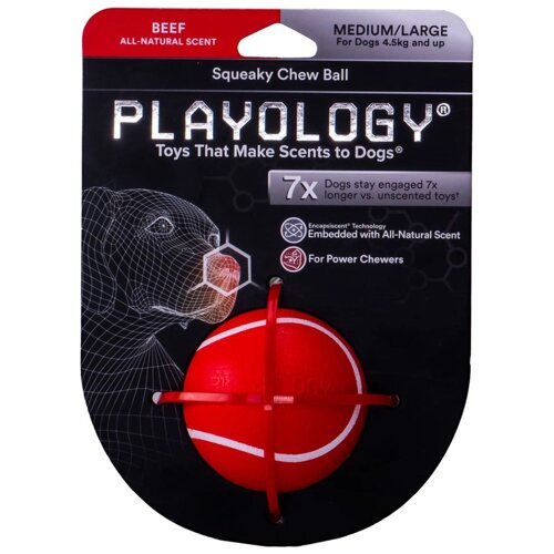 Playology жевательный мяч Playology SQUEAKY CHEW BALL с пищалкой и с ароматом говядины, цвет красный (8 см)