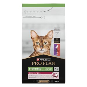 Purina Pro Plan для взрослых стерилизованных кошек и кастрированных котов, с высоким содержанием утки и c печенью (1,5 кг)