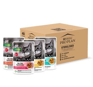 Purina Pro Plan (паучи) набор паучей для кастрированных кошек, 40 шт. (говядина в соусе, курица в соусе, утка в соусе, океаническая рыба в соусе) (3,4 кг)