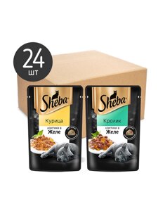 Sheba набор влажных консервированных кормов для кошек, ломтики в желе: кролик, курица, 24шт х 75г (1,8 кг)