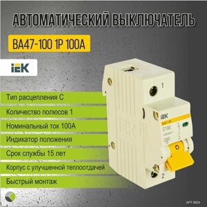 Автомат 100А силовой трехфазный на дин рейку тип С 10кА 3п IEK иек