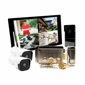 Беспроводной видеодомофон с 2 камерами и замком - СкайНет 1000 (1+2+AX042) Wi-Fi HD монитор 10 дюймов, 3mp Wi-Fi панель, электромеханический замок и 3mp видеокамера