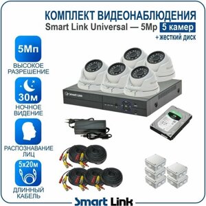 Готовый комплект видеонаблюдения 5Мп уличный: 5 антивандальных камеры, регистратор с распознаванием лиц, жёсткий диск 500Гб. SMART LiNK SL-5M5N5M-HDD