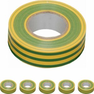Изолента ПВХ IEK 15 мм 10 метров желто-зеленая (комплект из 5 шт.)