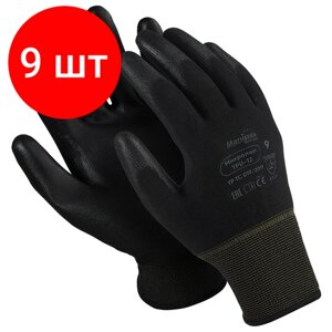 Комплект 9 шт, Перчатки нейлоновые MANIPULA "Микропол", полиуретановое покрытие (облив), размер 10 (XL), черные, TPU-12