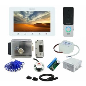 Комплект Full HD видеодомофона со слотом для SD карты Slinex 7" белый с видеопанелью, электромеханическим замком считывателем и ключами TM, дома, магазина, на калитку №53