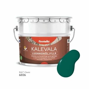 Краска для дерева и деревянных фасадов FINNTELLA KALEVALA, с натуральным маслом и полиуретаном, цвет RAL 6026 Опаловый зеленый (Opal green), 9л