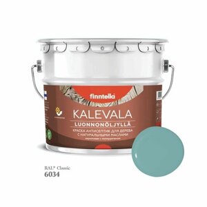 Краска для дерева и деревянных фасадов FINNTELLA KALEVALA, с натуральным маслом и полиуретаном, цвет RAL 6034 Пастельно-бирюзовый (Pastel turquoise), 9л