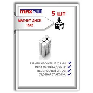 Магниты неодимовые 15х5 мм MaxPull мощные диски 5 шт. в комплекте.