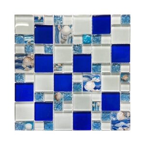 Мозаика стеклянная с натуральными раковинами в средиземноморском стиле (темно-синий крупные частицы К4831)