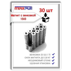 Набор магнитов MaxPull неодимовые диски 15х3 с отверстием 3,5/7 набор 30 шт. в тубе. Сила сцепления - 4,56 кг.