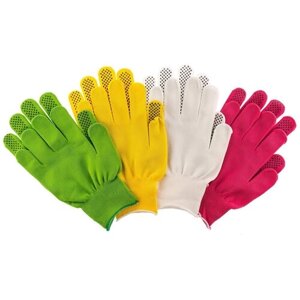 Перчатки в наборе: белые, розовая фуксия, желтые, зеленые, ПВХ точка, L