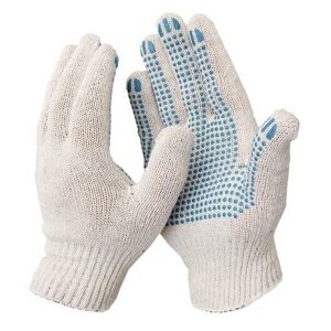 Перчатки защитные хлопковые с ПВХ покрытием белые (точка, 4 нити, 10 класс, универсальный размер, 300 пар в упаковке)