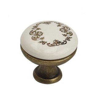 Ручка мебельная кнопка K8005, античная бронза, керамика WT/F2 БЕЛАЯ ( 10 шт. )