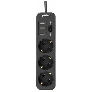 Сетевой фильтр Perfeo Power stream USB, 3 розетки, с/з, 10А / 2500 Вт 3 3 4 м черный
